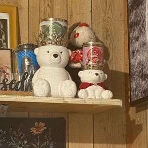 Bath & Body Works White Glitter Bear Candle Holders with Gold Crowns
